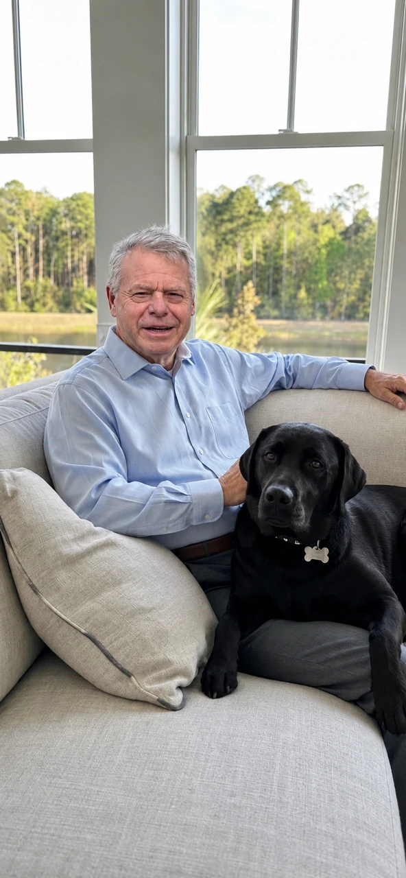 Dr. Richard Pavelock sitting with his dog Vito